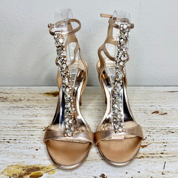 Badgley Mischka Gold Leather Rhinestone Embellished Strappy Pumps 6 - Picture 11 of 11